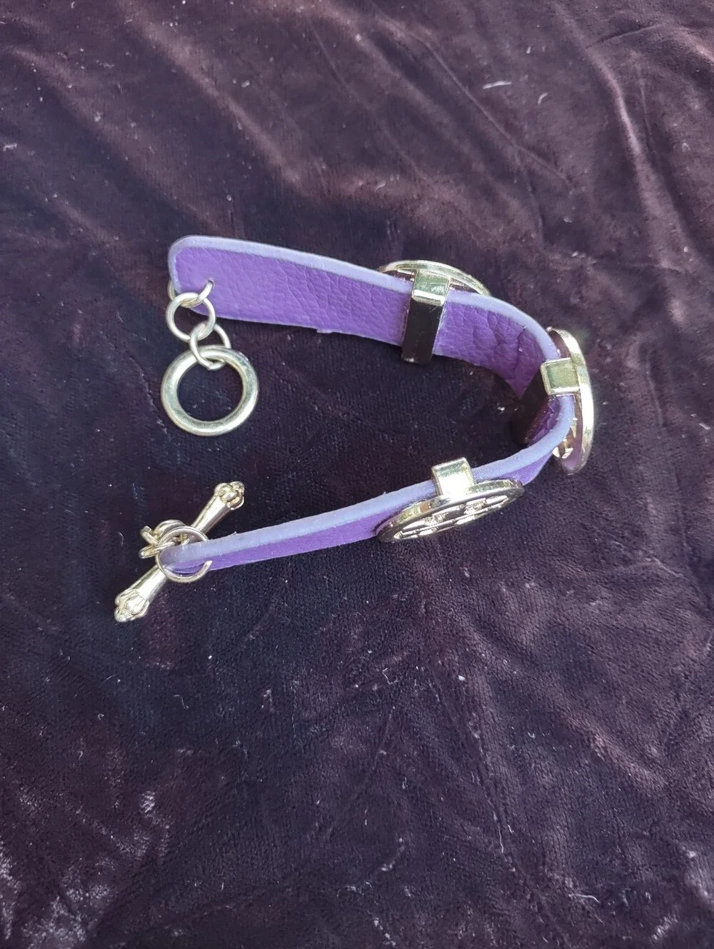 Tory Burch Vintage Purple Leather With Metal Bracelet Three Goldtone Icons